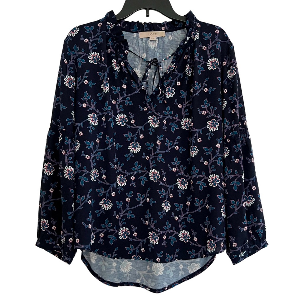 LOFT Navy Floral Long Sleeve Blouse